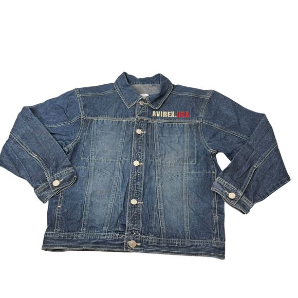 VTG Avirex USA Embroidered Patch Button Up Denim Jean Jacket Youth M Y2K Eagle - Picture 2 of 9